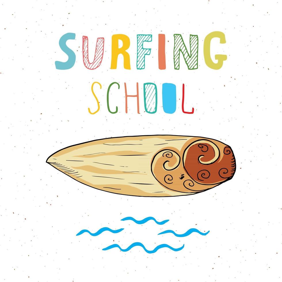tablas de surf dibujadas a mano boceto diseño de impresión de camisetas, tipografía de escuela de surf, plantilla de insignia retro vintage de verano, ilustración vectorial vector
