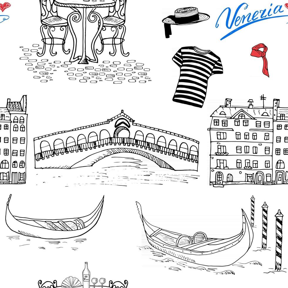 Venecia Italia de patrones sin fisuras. Dibujado a mano dibujo doodle dibujo vector ilustración fondo