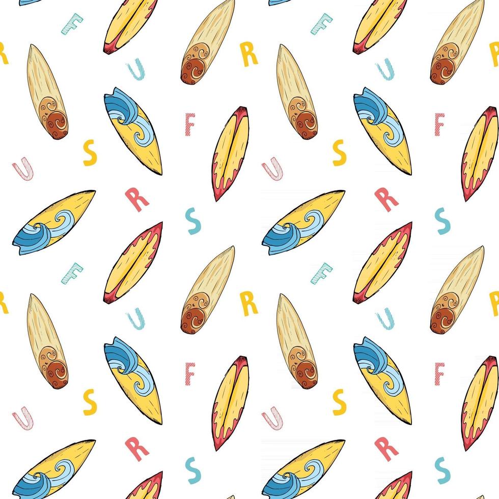 Surf boards seamless pattern hand drawn sketch background, typography design vector illustration