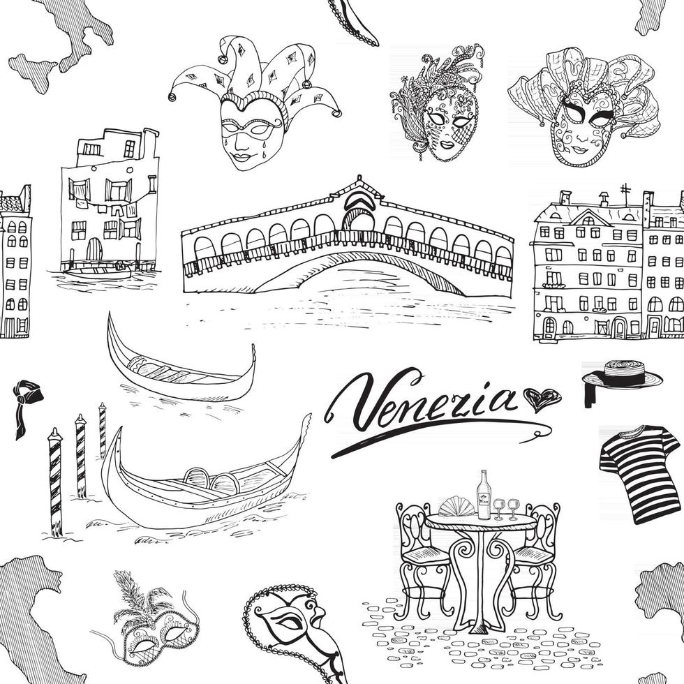 Venecia Italia de patrones sin fisuras. Dibujado a mano dibujo doodle dibujo vector ilustración fondo