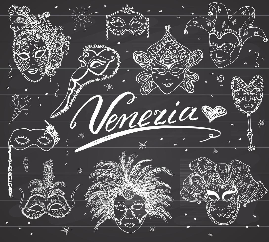 Venice Italy sketch carnival venetian masks Hand drawn set. Drawing doodle collection isolated vector