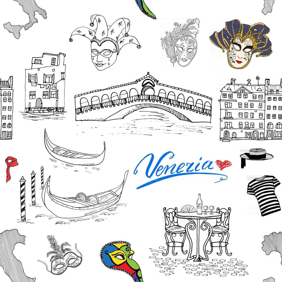 Venecia Italia de patrones sin fisuras. Dibujado a mano dibujo doodle dibujo vector ilustración fondo