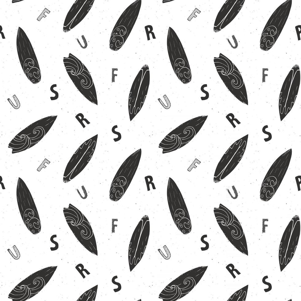 Surf boards seamless pattern hand drawn sketch background, typography design vector illustration
