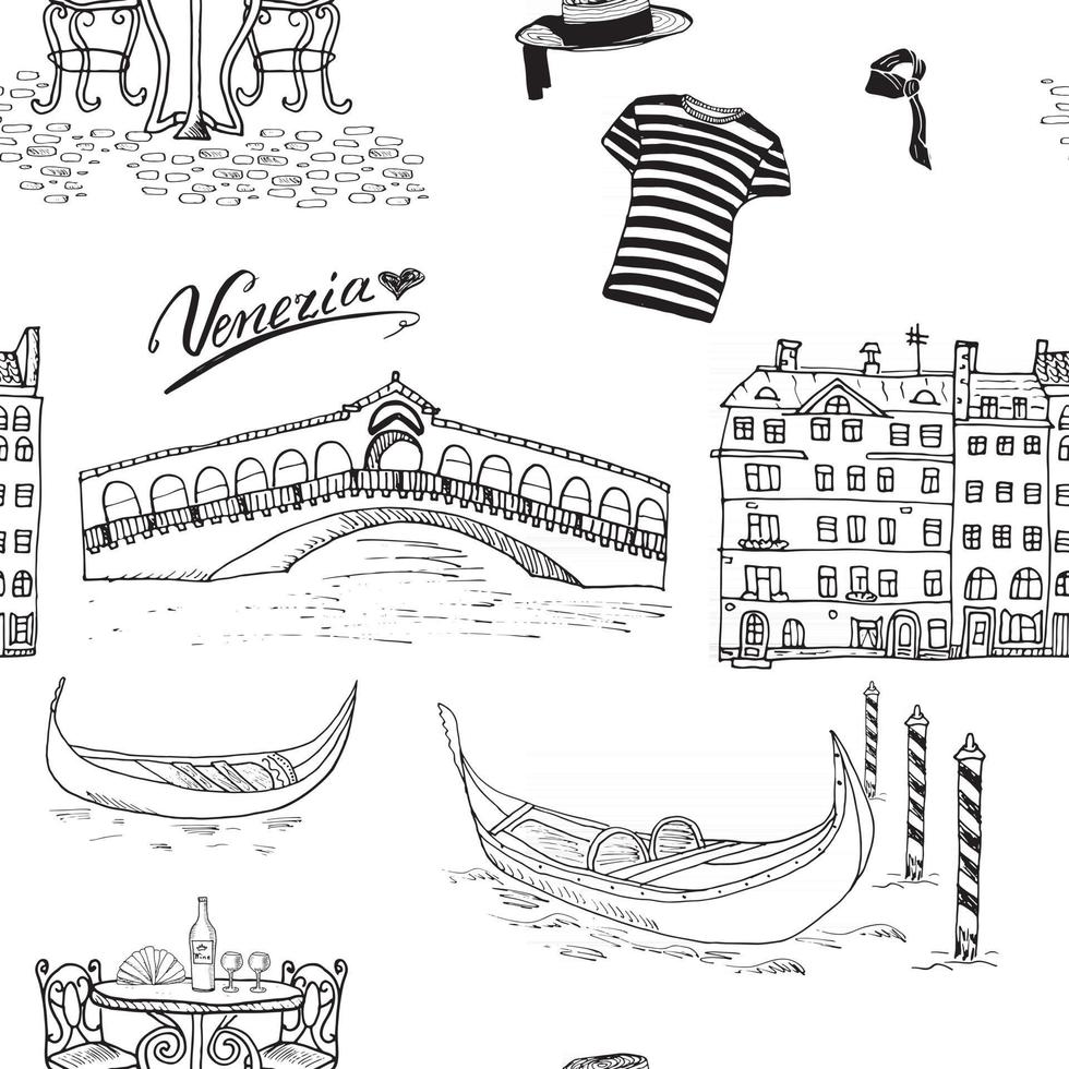 Venice Italy seamless pattern. Hand drawn sketch Doodle drawing vector illustration background
