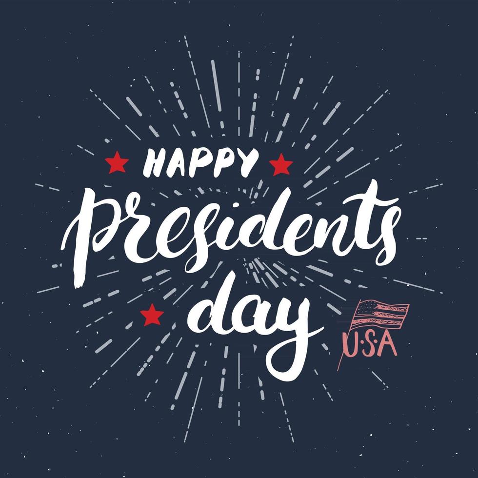 feliz día del presidente vintage usa tarjeta de felicitación, celebración de los estados unidos de américa. letras de la mano, ilustración de vector de diseño retro con textura grunge de vacaciones americanas.