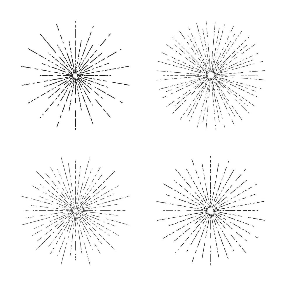Conjunto de ráfagas de sol retro, colección de formas de rayos de sol radiante vintage para logotipo, etiquetas o emblemas e ilustración de vector de plantilla de decoración de tipografía.