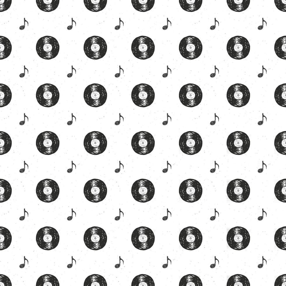 Disco de vinilo vintage de patrones sin fisuras boceto de etiqueta dibujada a mano, insignia retro con textura grunge, impresión de camiseta de diseño de tipografía, ilustración vectorial vector