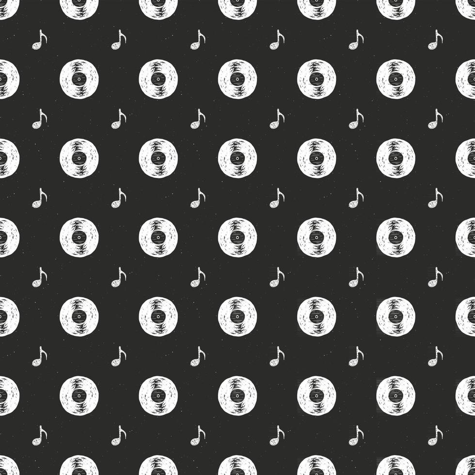 Disco de vinilo vintage de patrones sin fisuras boceto de etiqueta dibujada a mano, insignia retro con textura grunge, impresión de camiseta de diseño de tipografía, ilustración vectorial vector