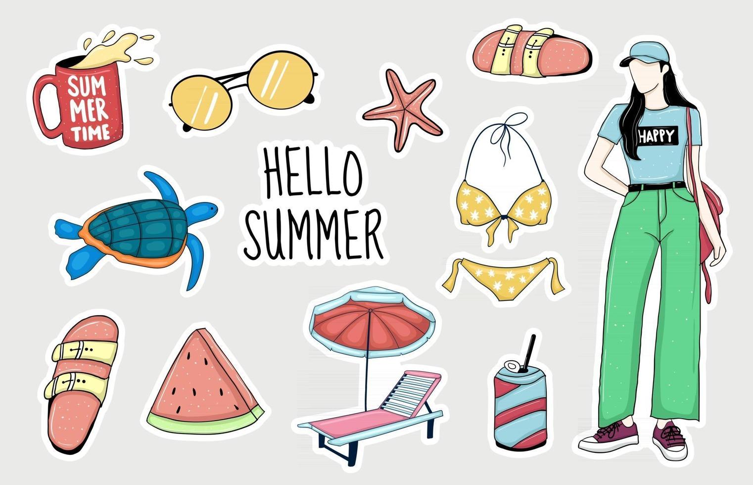 Colorful Hand drawn summer element stickers collection vector