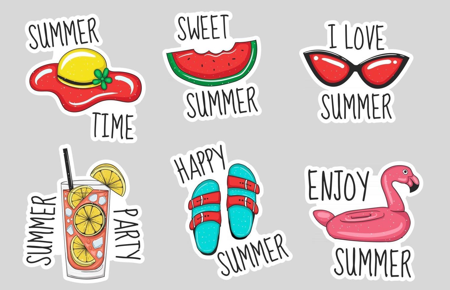 Colorful Hand drawn summer element stickers collection vector