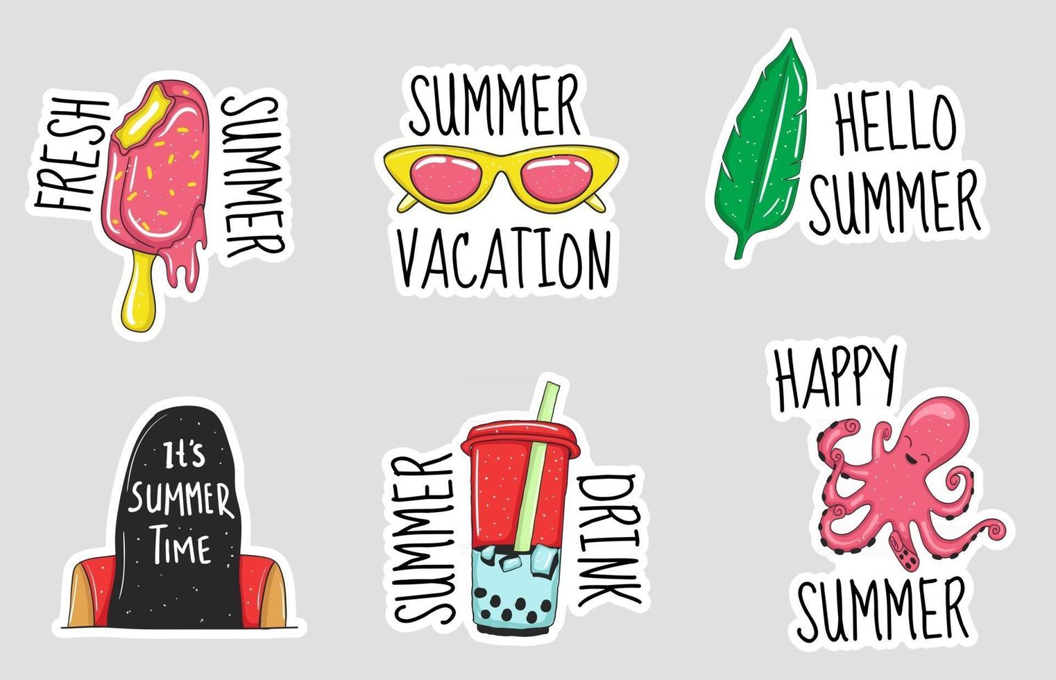 Colorful Hand drawn summer element stickers collection vector