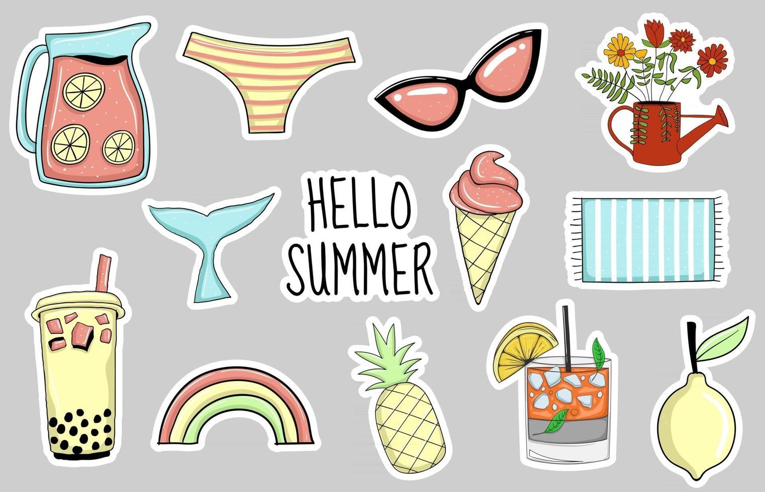 Colorful Hand drawn summer element stickers collection vector