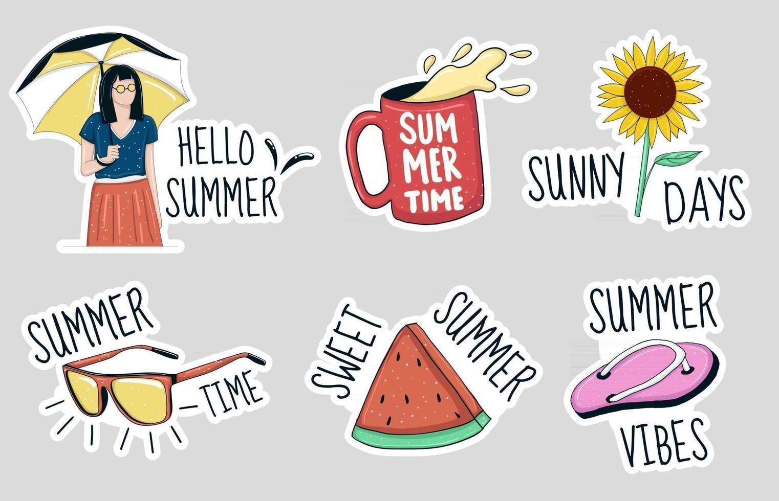 Colorful Hand drawn summer element stickers collection vector