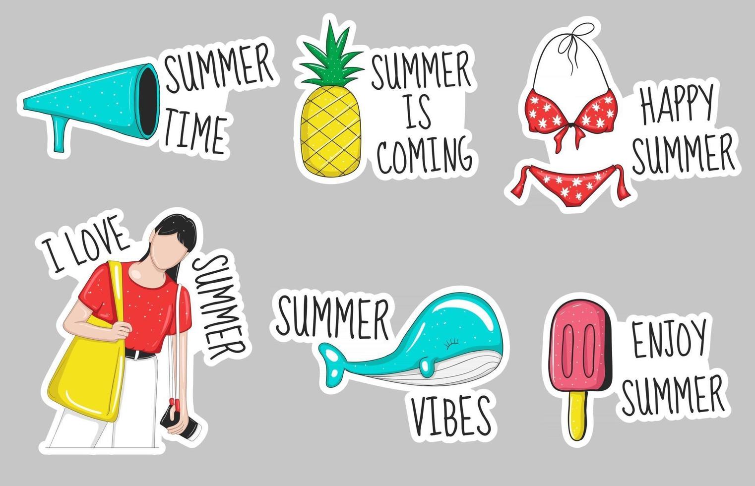 Colorful Hand drawn summer element stickers collection vector