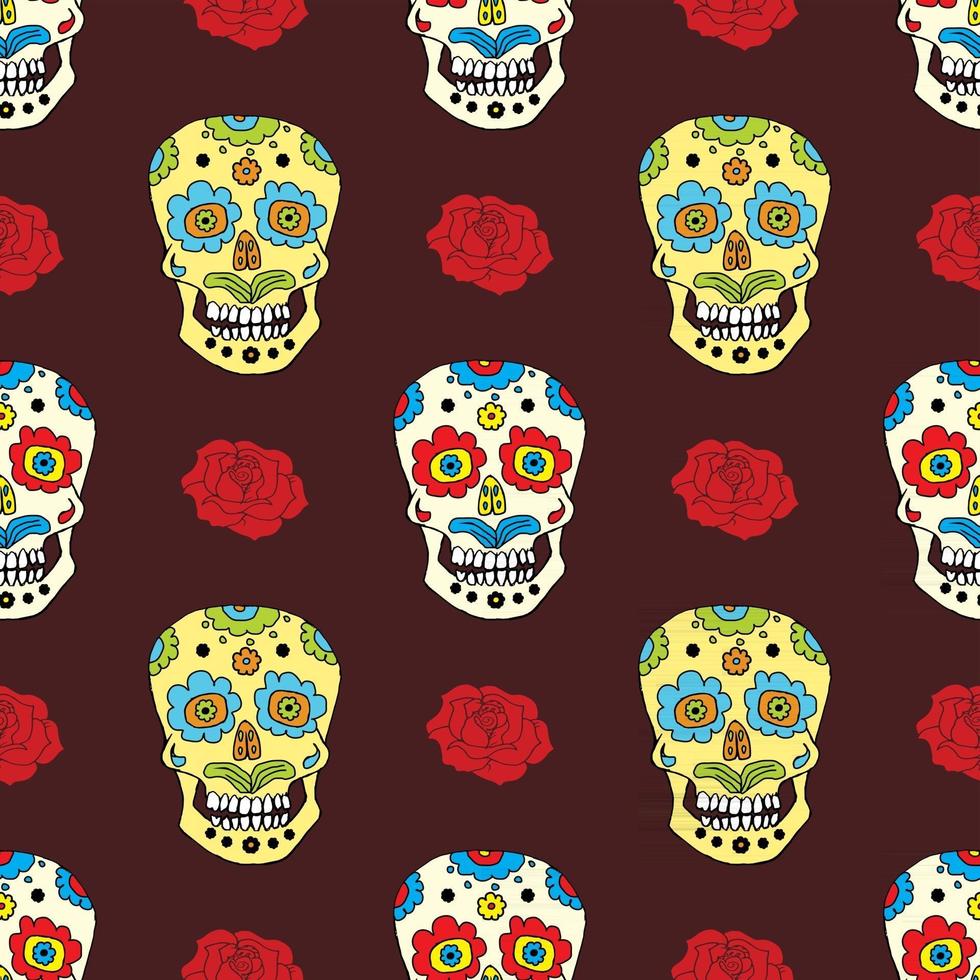 Día de los muertos de patrones sin fisuras, calaveras de azúcar dibujadas a mano y fondo de rosas, ilustración vectorial vector