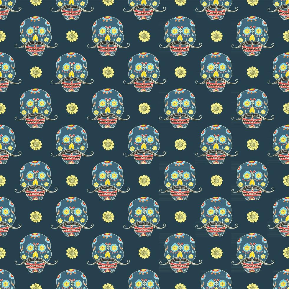 Day of the Dead seamless pattern, handdrawn sugar skulls and roses background, vector illustration