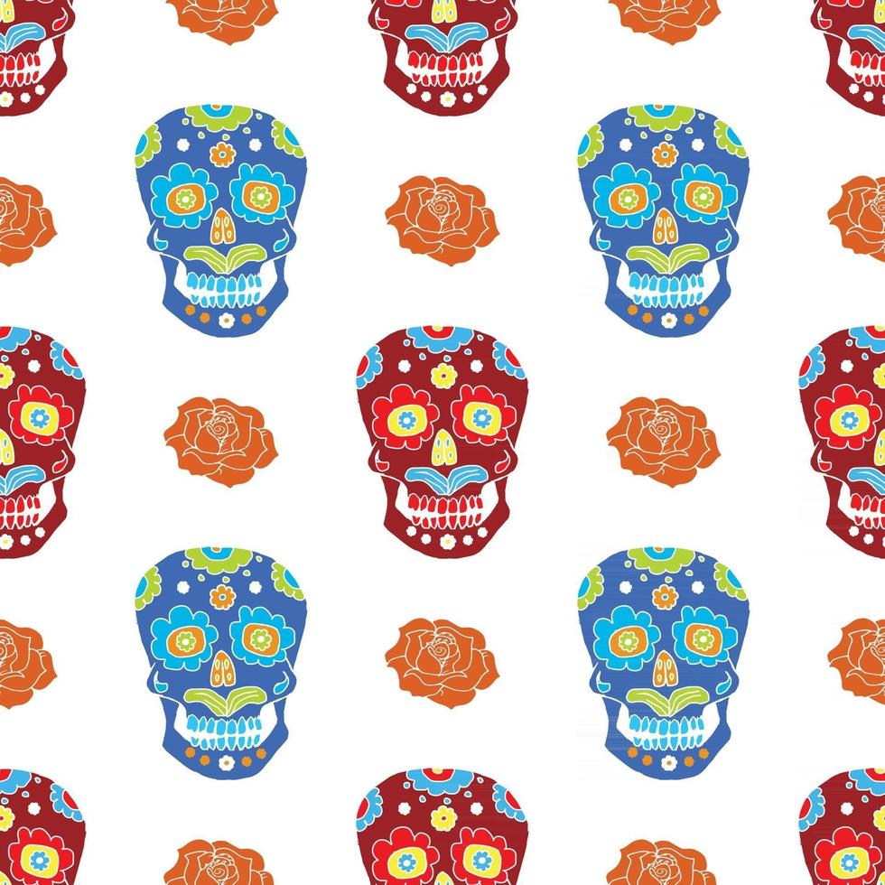 Day of the Dead seamless pattern, handdrawn sugar skulls and roses background, vector illustration