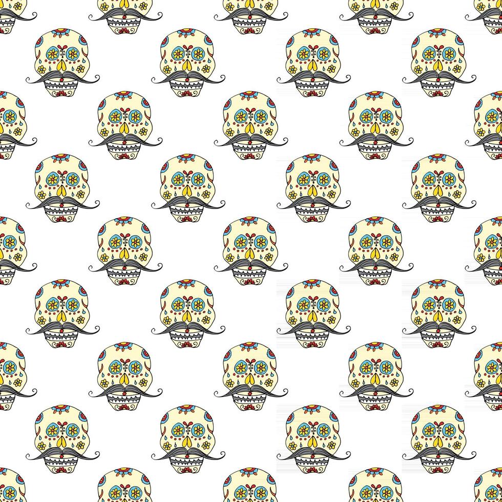 Day of the Dead seamless pattern, handdrawn sugar skulls and roses background, vector illustration