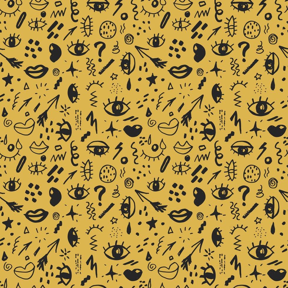 Seamless pattern with hand drawn sketched doodle elements eyes and lips, abstract background. Typography design print, vector illustration