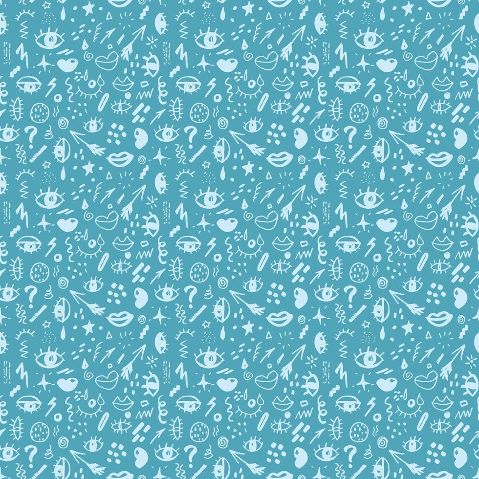 Seamless pattern with hand drawn sketched doodle elements eyes and lips, abstract background. Typography design print, vector illustration