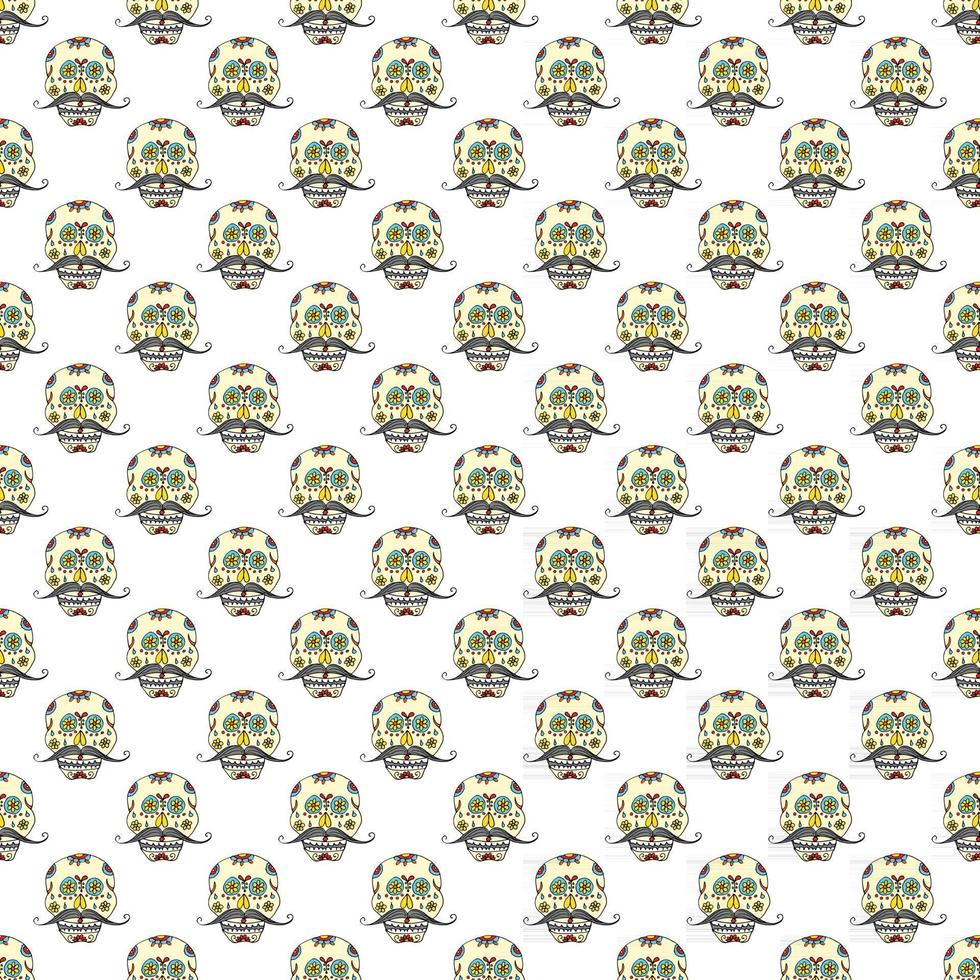 Día de los muertos de patrones sin fisuras, calaveras de azúcar dibujadas a mano y fondo de rosas, ilustración vectorial vector