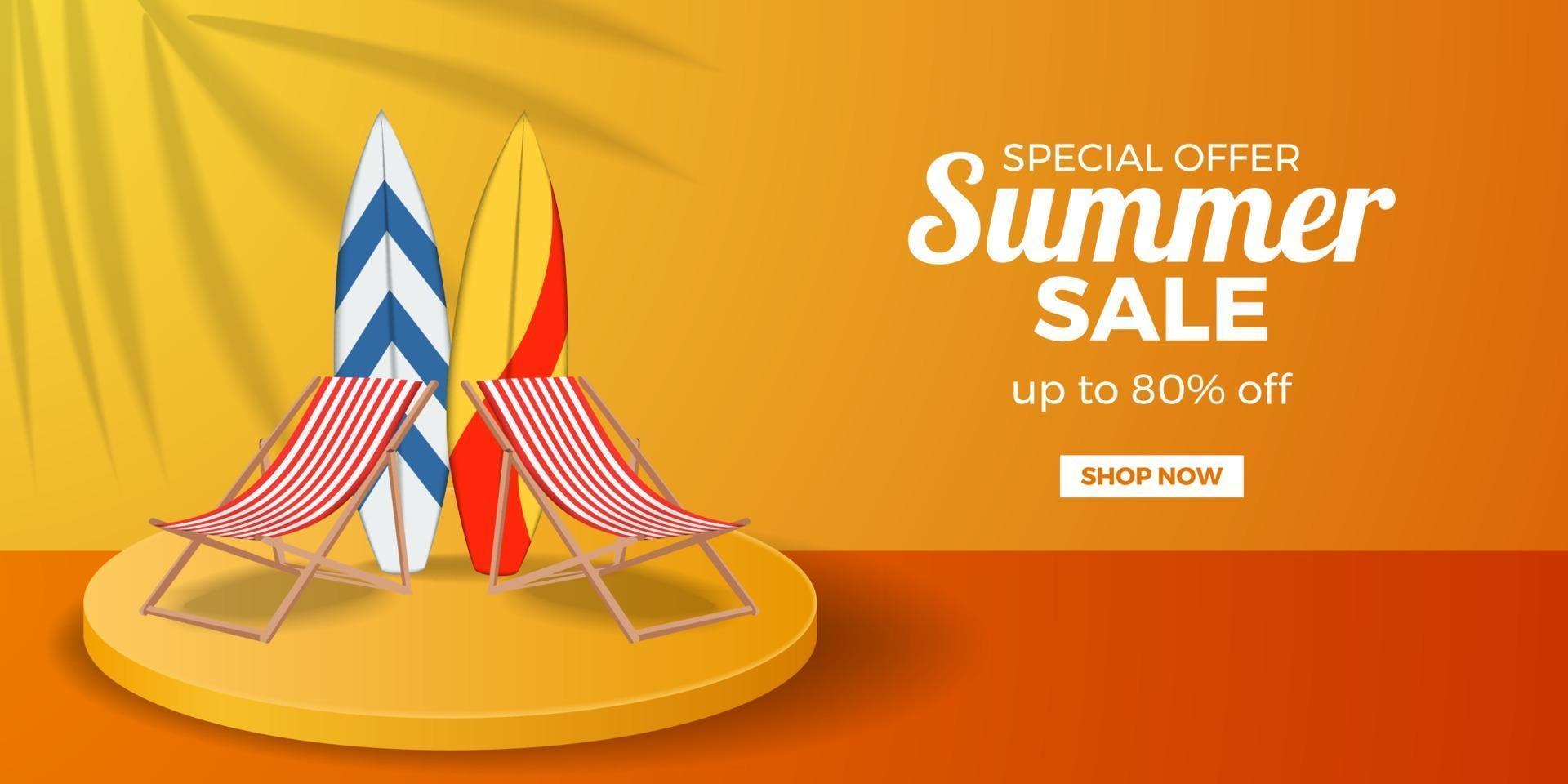 Summer sale offer banner promotion with relax folded chair and surfboard on cylinder podium product display with orange background vector