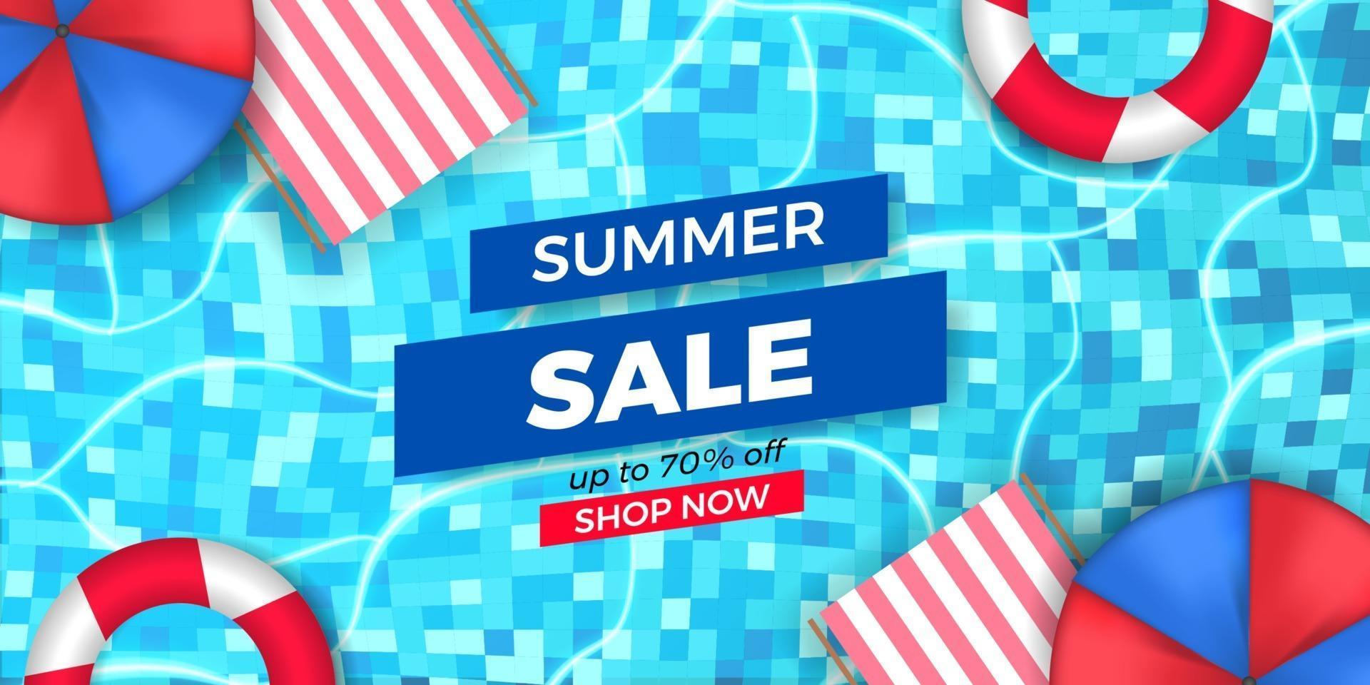 Summer sale offer banner promotion with pool top view illustration flat lay relax vector