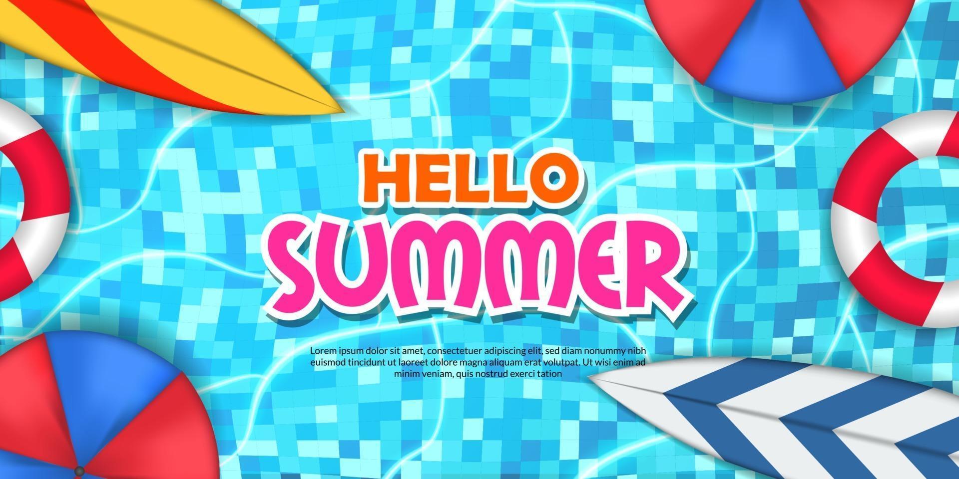 hello summer banner poster pool illustration flat lay relax with surfboard swim vector