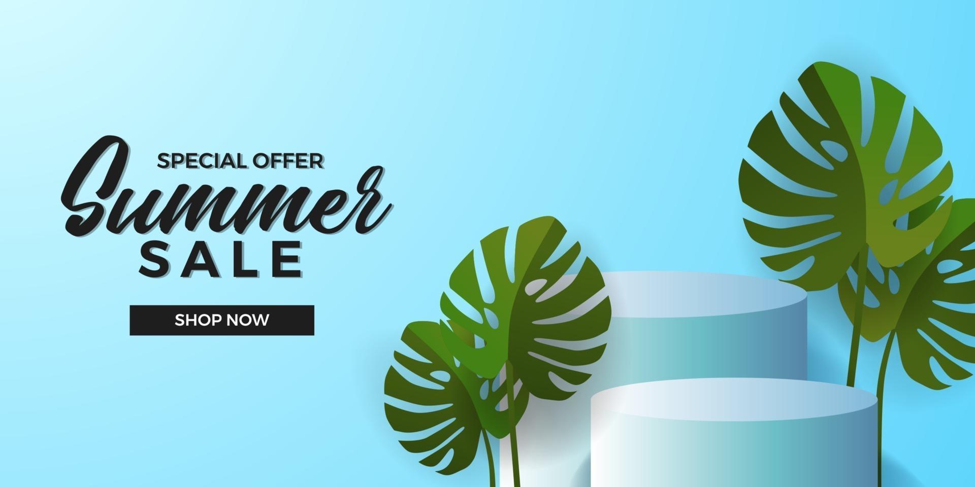 Summer sale offer banner template with 3d cylinder podium product display with green tropical monstera leaves plant and blue background vector