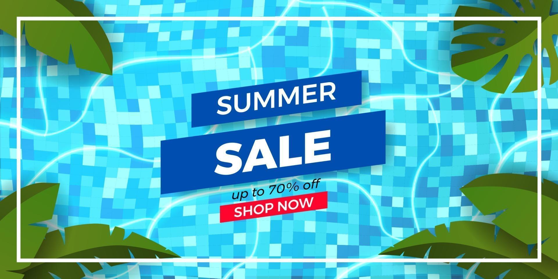 Summer sale offer banner promotion with pool top view illustration flat lay relax tropical leaves vector