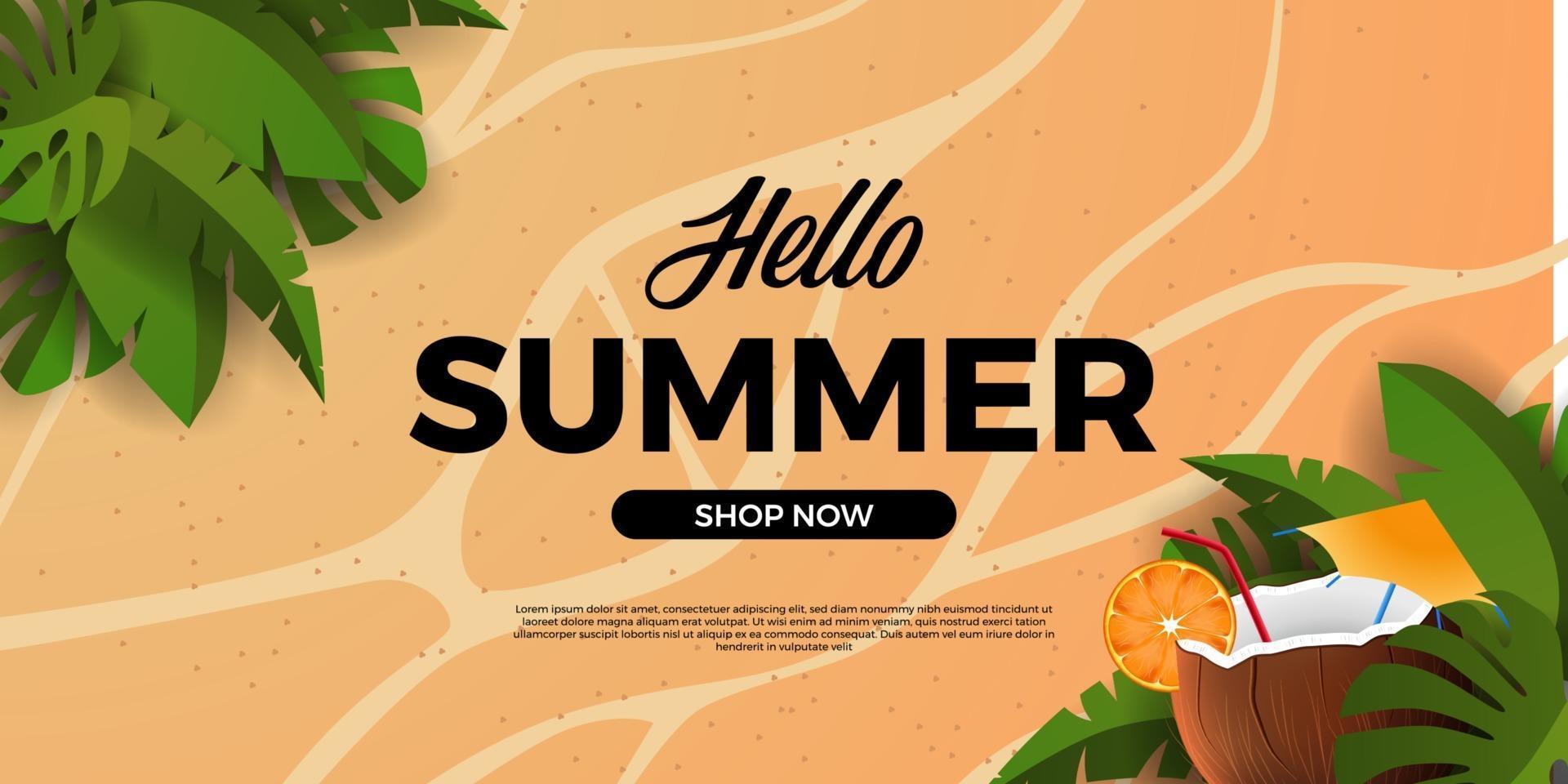 hola cartel de banner de verano con hojas tropicales con bebida de coco y fondo de arena vector