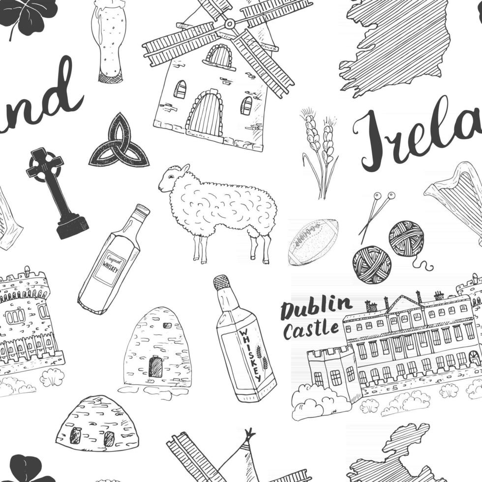 Ireland Sketch Doodles Seamless Pattern. Irish Elements with flag and map of Ireland, Celtic Cross, Castle, Shamrock, Celtic Harp, Mill and Sheep, Whiskey Bottles and Irish Beer, Vector Illustration