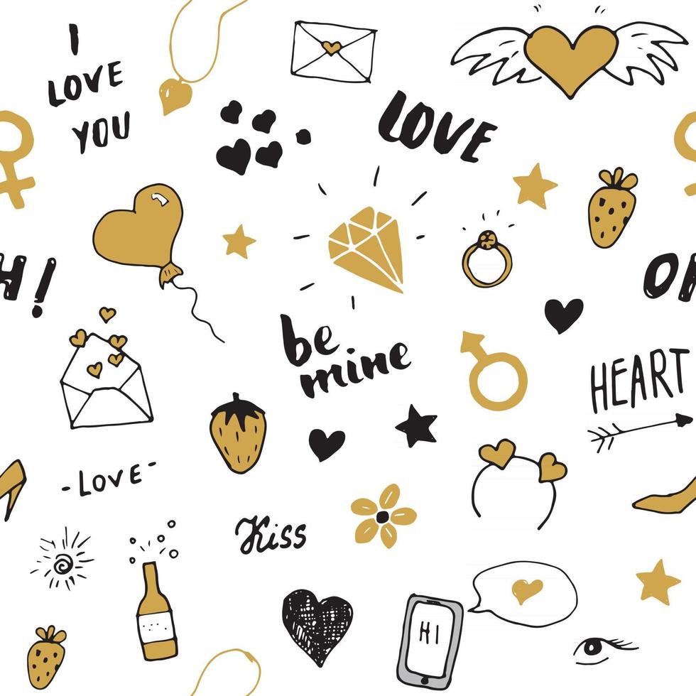 Love and Valentine Day seamless pattern vector illustration. Hand drawn sketched doodle romantic symbols background