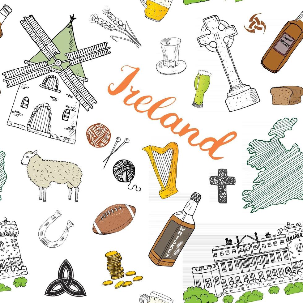 Ireland Sketch Doodles Seamless Pattern. Irish Elements with flag and map of Ireland, Celtic Cross, Castle, Shamrock, Celtic Harp, Mill and Sheep, Whiskey Bottles and Irish Beer, Vector Illustration