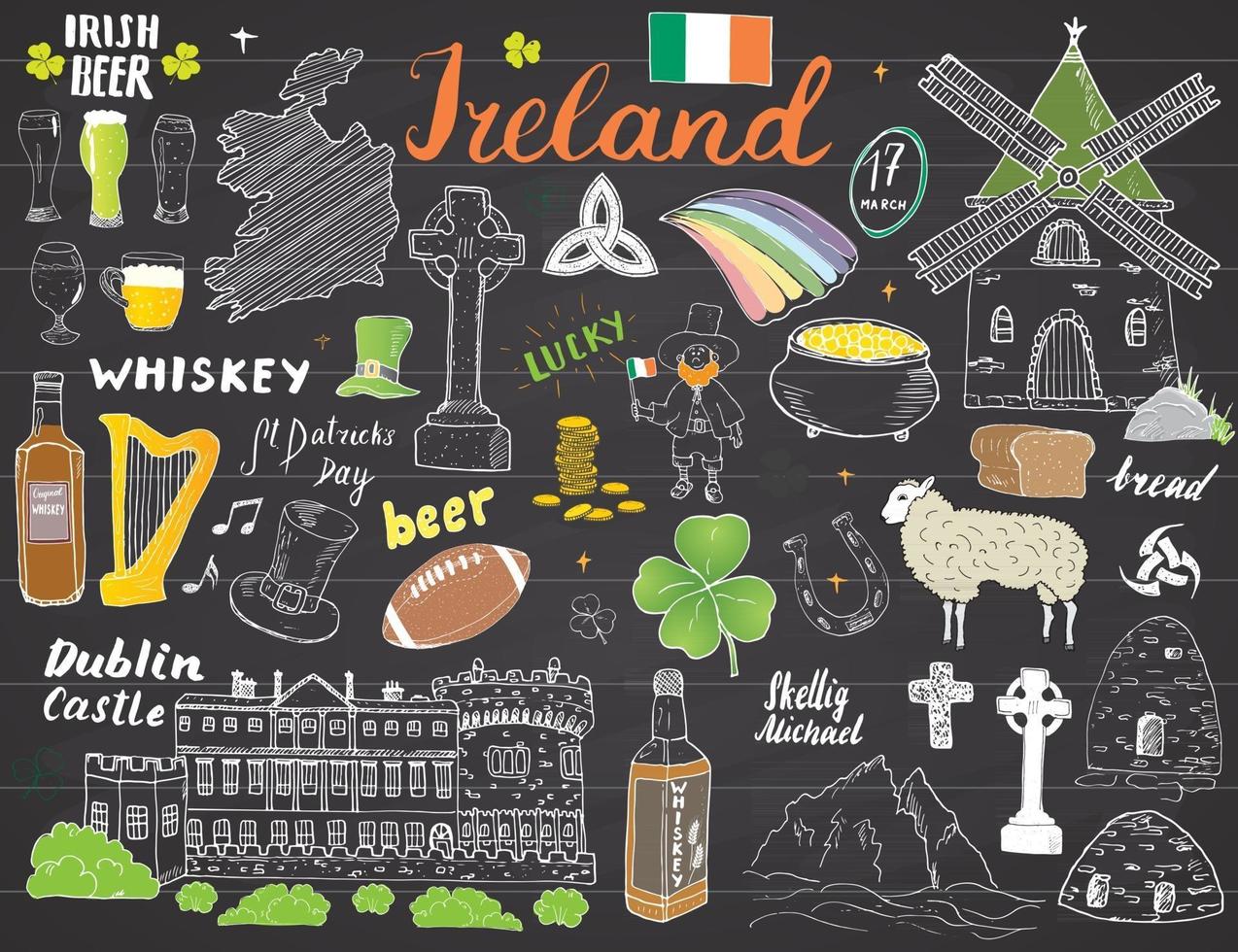 Ireland Sketch Doodles. Hand Drawn Irish Elements Set with flag and map of Ireland, Celtic Cross, Castle, Shamrock, Celtic Harp, Mill and Sheep, Whiskey Bottles and Irish Beer, Vector Illustration