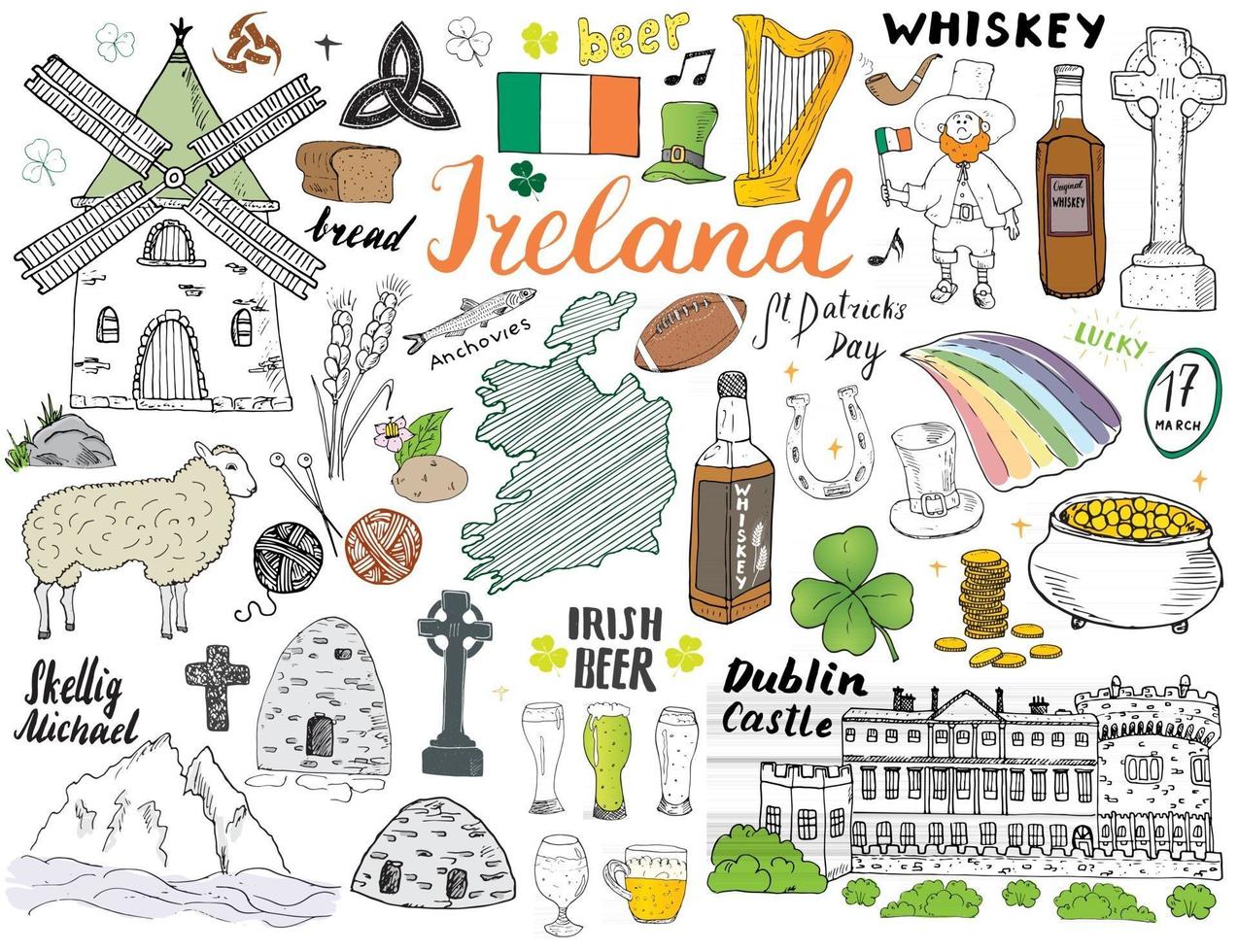 Ireland Sketch Doodles. Hand Drawn Irish Elements Set with flag and map of Ireland, Celtic Cross, Castle, Shamrock, Celtic Harp, Mill and Sheep, Whiskey Bottles and Irish Beer, Vector Illustration