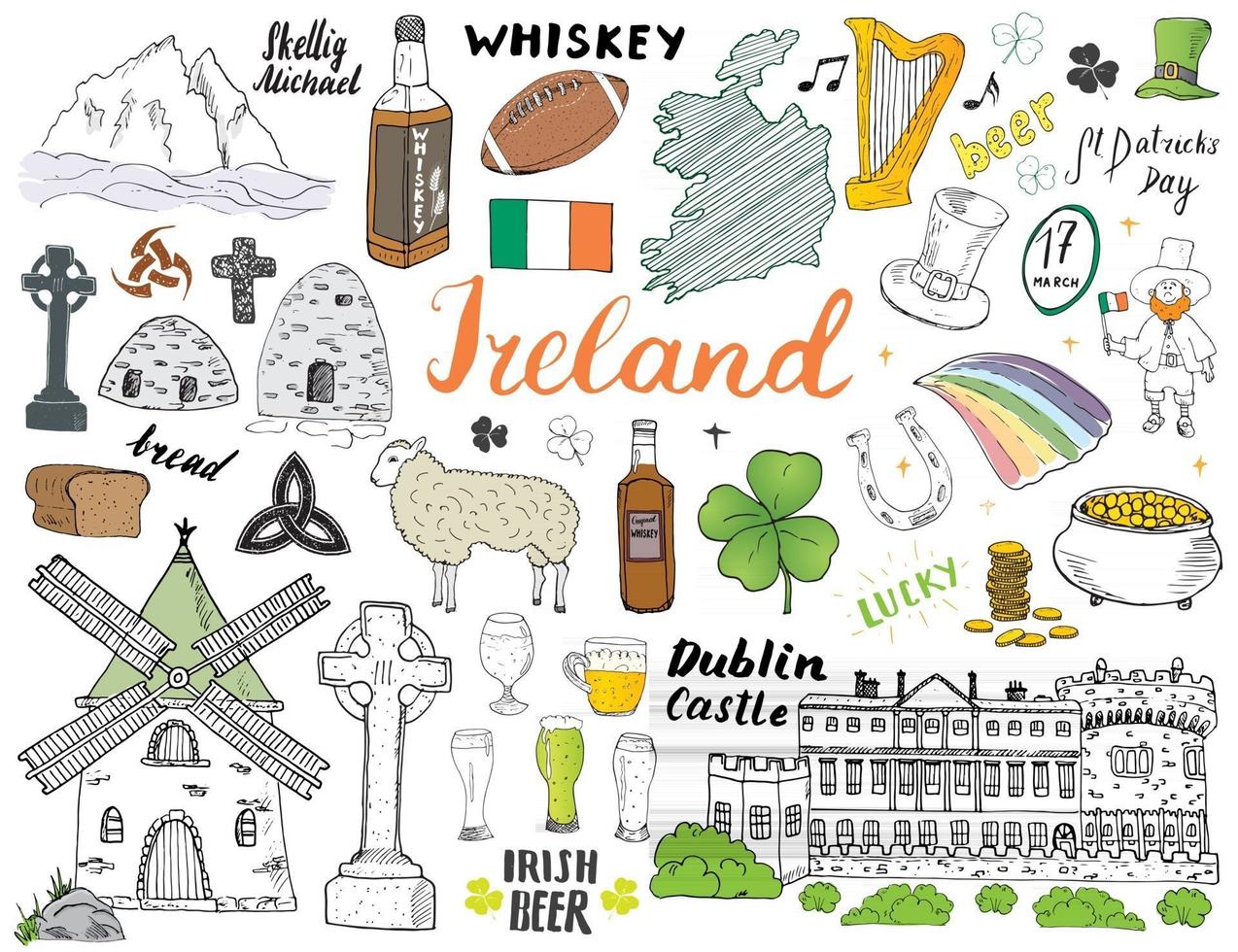 garabatos del bosquejo de Irlanda. Elementos irlandeses dibujados a mano con bandera y mapa de Irlanda, cruz celta, castillo, trébol, arpa celta, molino y oveja, botellas de whisky y cerveza irlandesa, ilustración vectorial vector