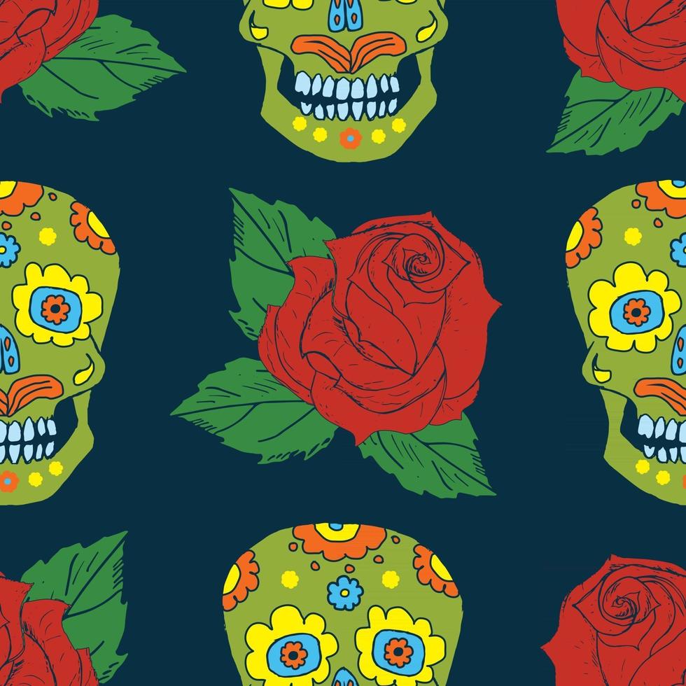 Día de los muertos de patrones sin fisuras, calaveras de azúcar dibujadas a mano y fondo de rosas, ilustración vectorial vector