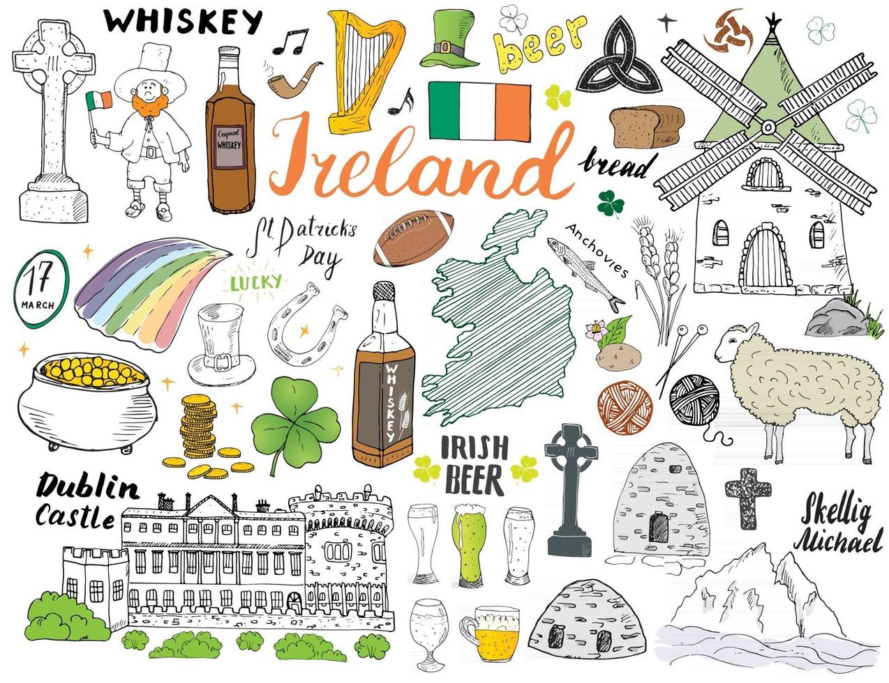 garabatos del bosquejo de Irlanda. Elementos irlandeses dibujados a mano con bandera y mapa de Irlanda, cruz celta, castillo, trébol, arpa celta, molino y oveja, botellas de whisky y cerveza irlandesa, ilustración vectorial vector