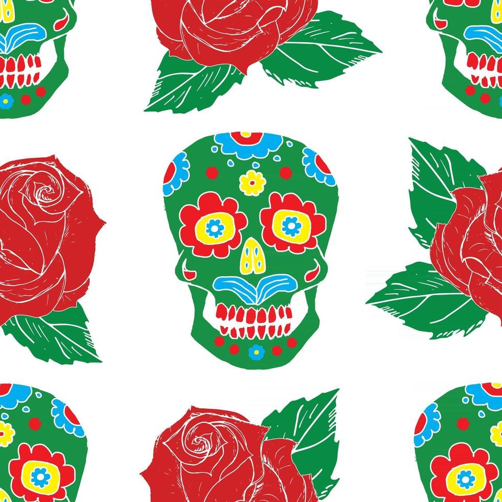 Día de los muertos de patrones sin fisuras, calaveras de azúcar dibujadas a mano y fondo de rosas, ilustración vectorial vector