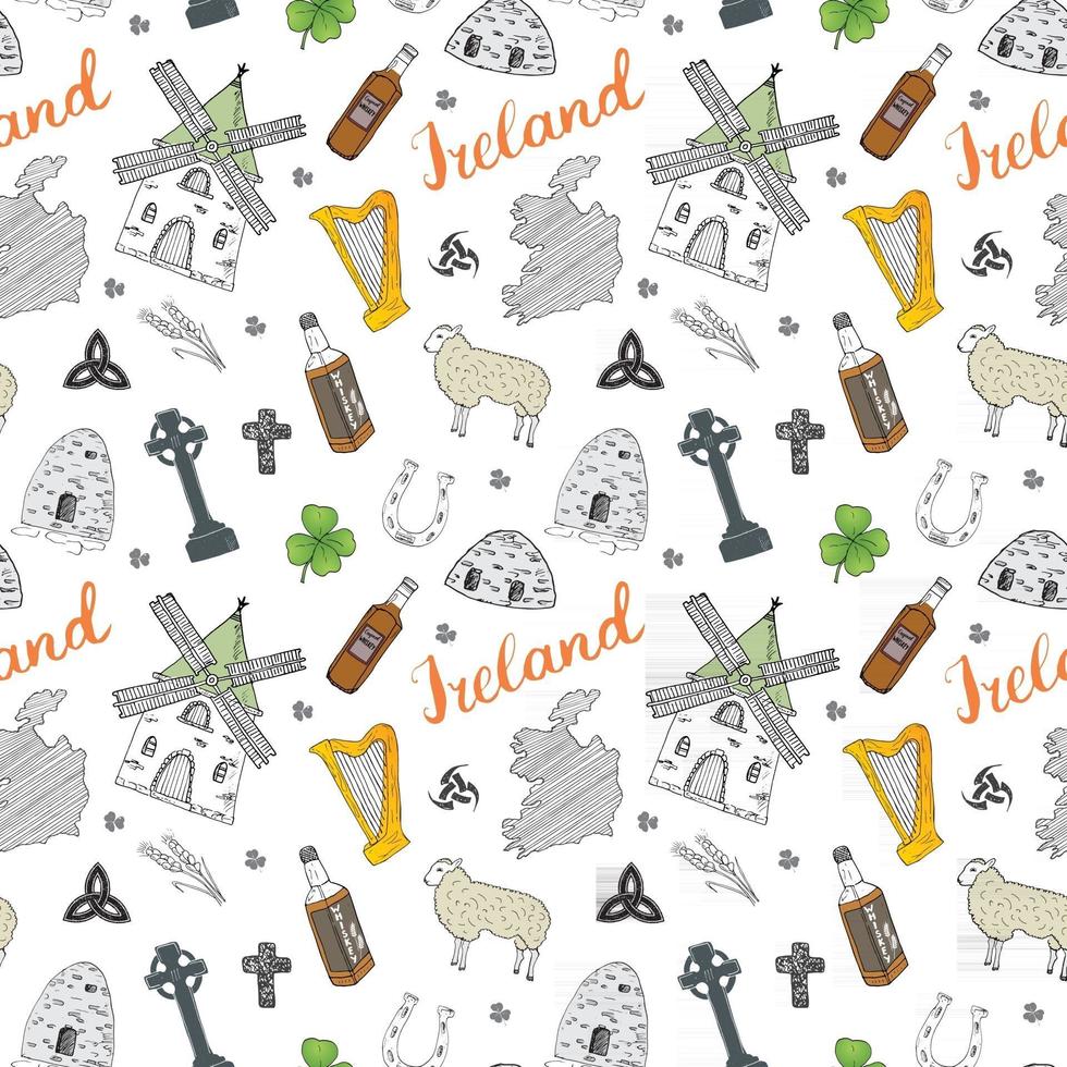 Irlanda bosquejo garabatos de patrones sin fisuras. elementos irlandeses con bandera y mapa de irlanda, cruz celta, castillo, trébol, arpa celta, molino y oveja, botellas de whisky y cerveza irlandesa, ilustración vectorial vector