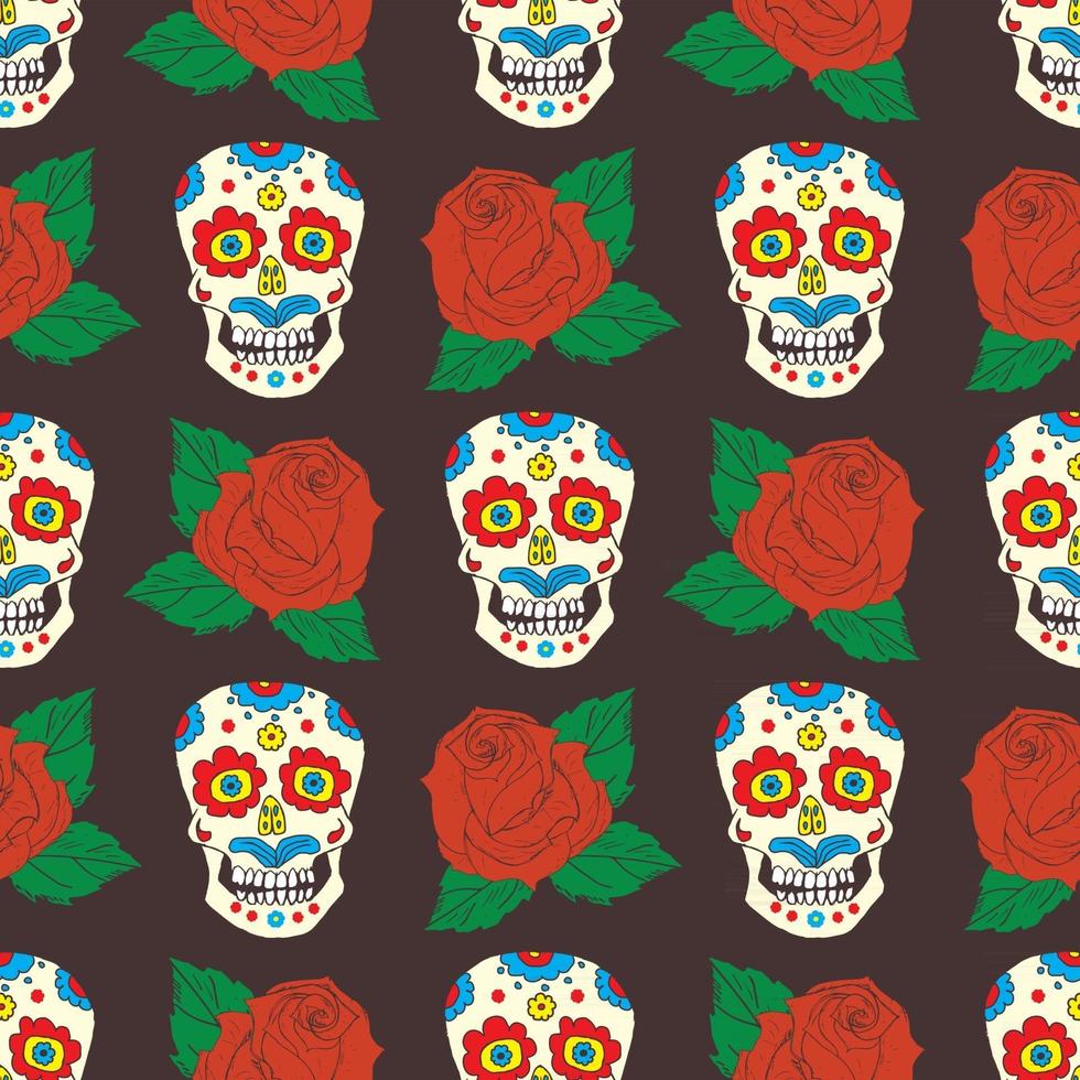 Día de los muertos de patrones sin fisuras, calaveras de azúcar dibujadas a mano y fondo de rosas, ilustración vectorial vector