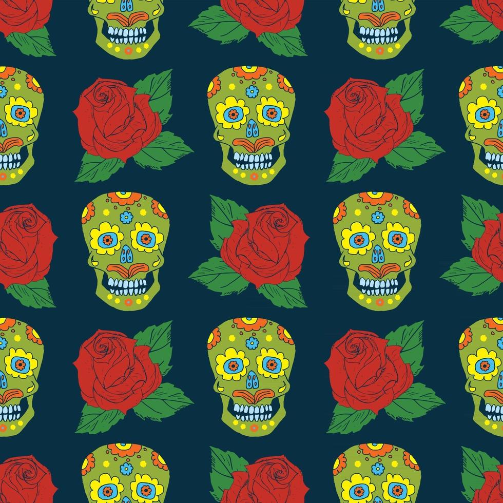 Day of the Dead seamless pattern, handdrawn sugar skulls and roses background, vector illustration