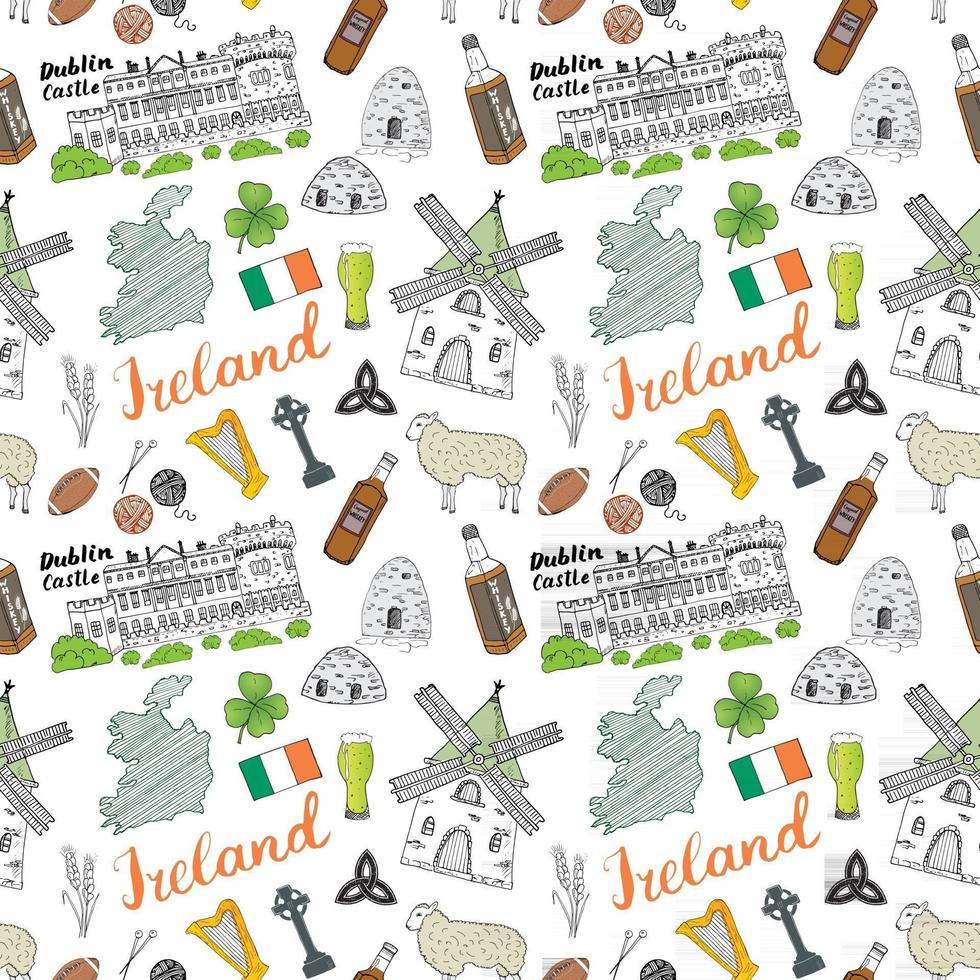 Ireland Sketch Doodles Seamless Pattern. Irish Elements with flag and map of Ireland, Celtic Cross, Castle, Shamrock, Celtic Harp, Mill and Sheep, Whiskey Bottles and Irish Beer, Vector Illustration