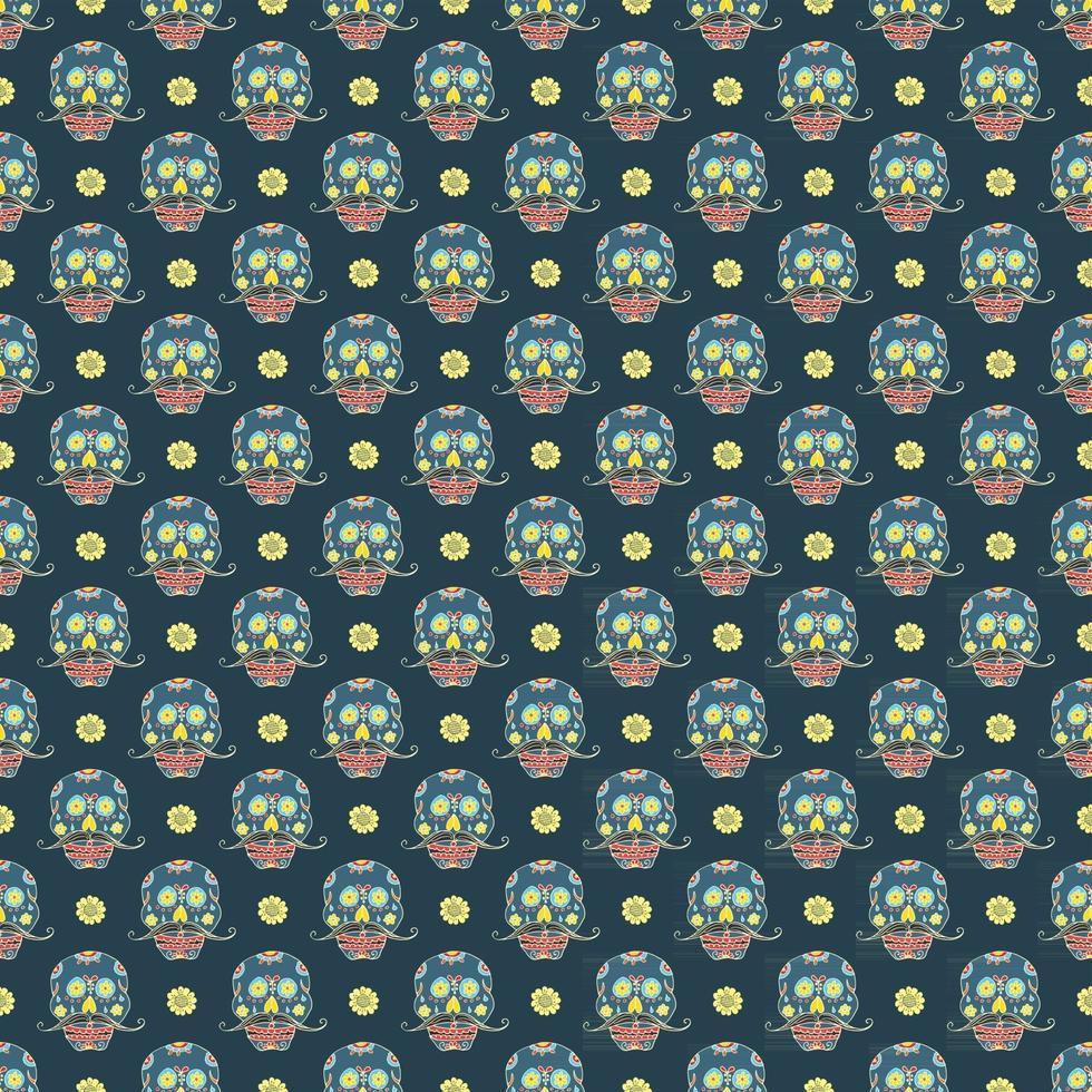 Day of the Dead seamless pattern, handdrawn sugar skulls and roses background, vector illustration