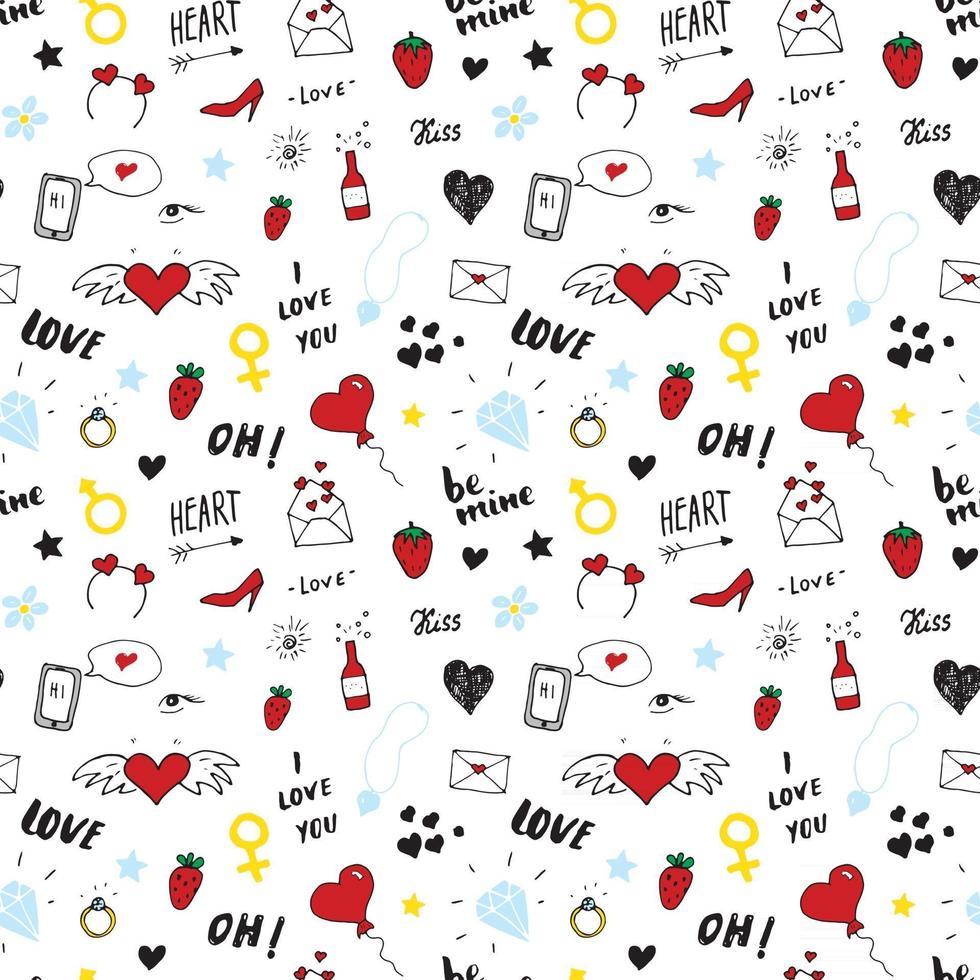 Love and Valentine Day seamless pattern vector illustration. Hand drawn sketched doodle romantic symbols background