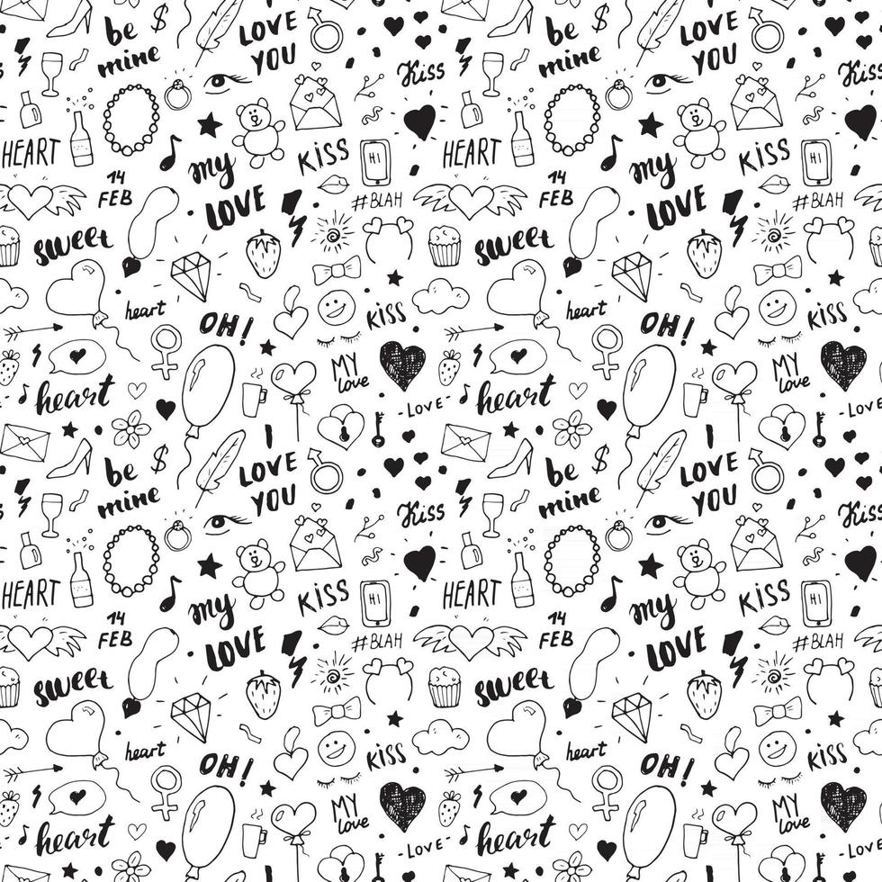 Love and Valentine Day seamless pattern vector illustration. Hand drawn sketched doodle romantic symbols background