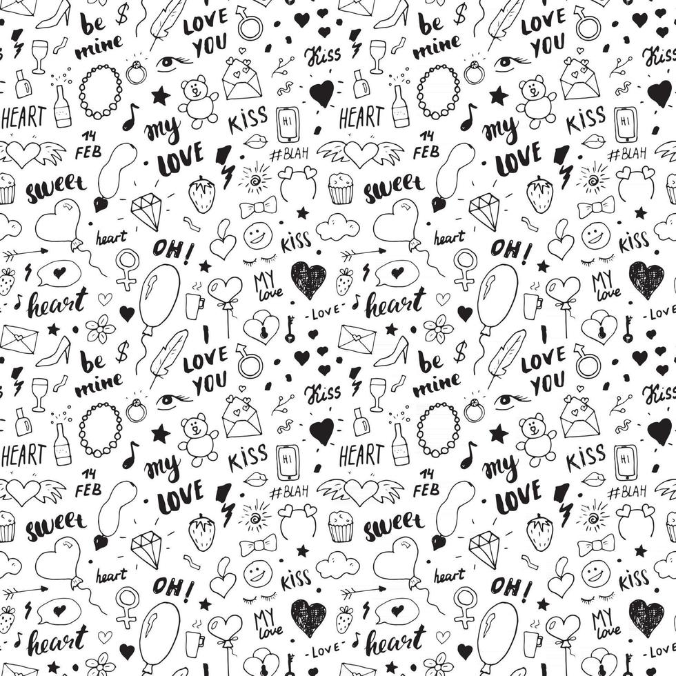 Love and Valentine Day seamless pattern vector illustration. Hand drawn sketched doodle romantic symbols background