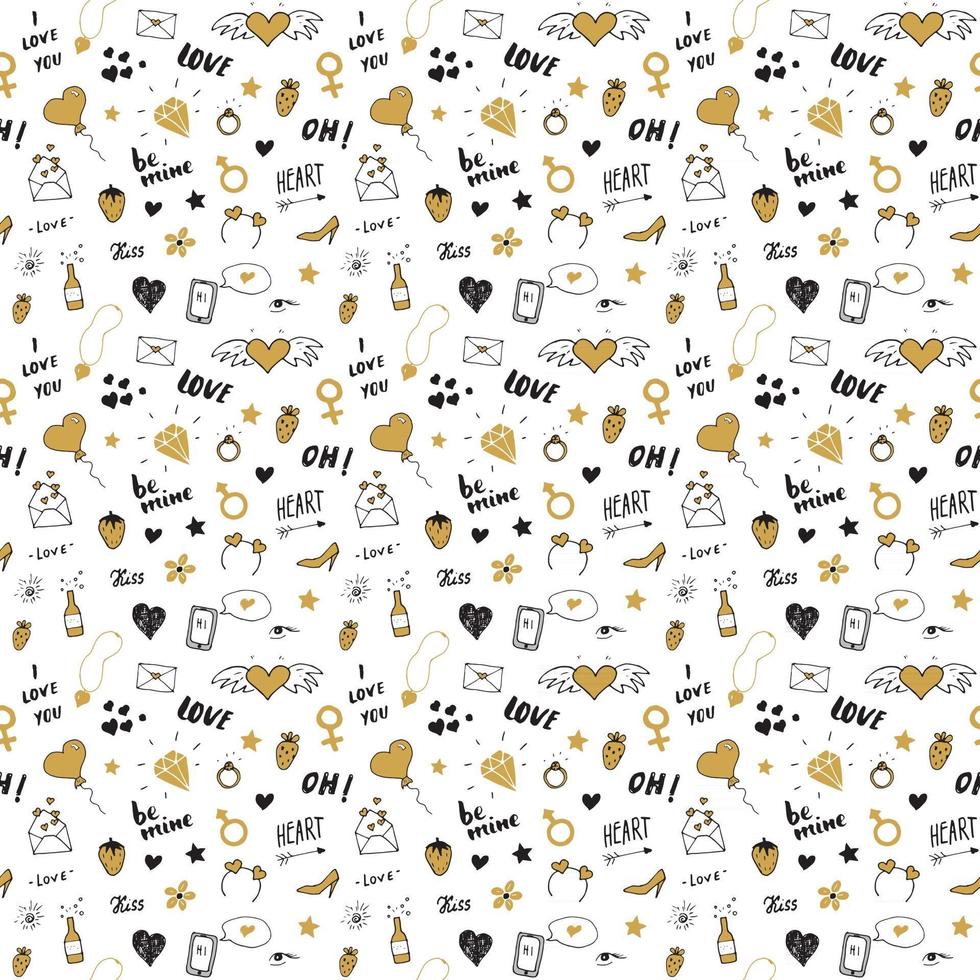 Love and Valentine Day seamless pattern vector illustration. Hand drawn sketched doodle romantic symbols background