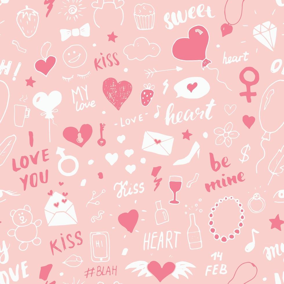 Love and Valentine Day seamless pattern vector illustration. Hand drawn sketched doodle romantic symbols background